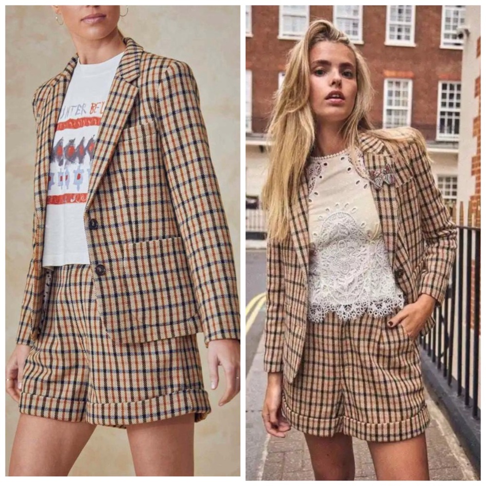 Hunter Bell Set Blazer & Shorts Katherine Wren Plaid Academia Brown Sz 6 &‎ M